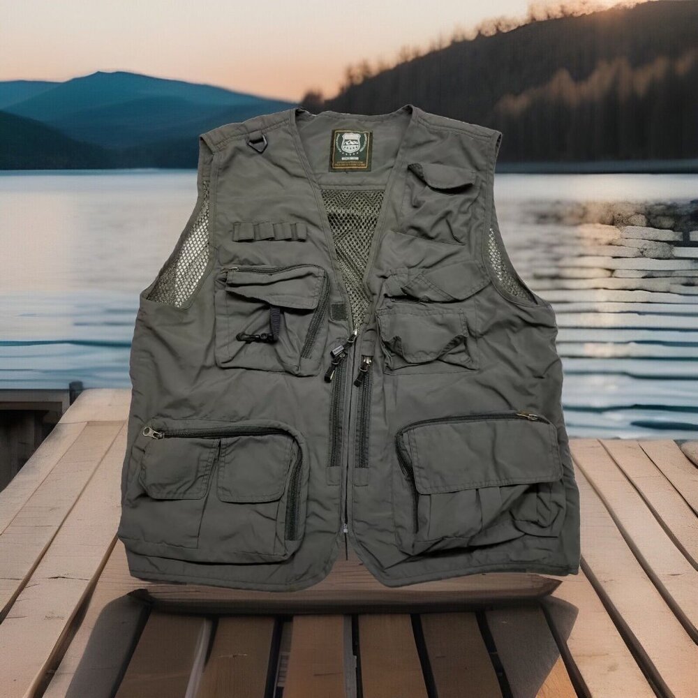 ✅Outdoor Men's Utility Cargo Vest Khaki XL Fishing Duck Hunting Vented Safari